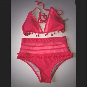 Shein Medium High Waist Bikini with Pom Pom Trim